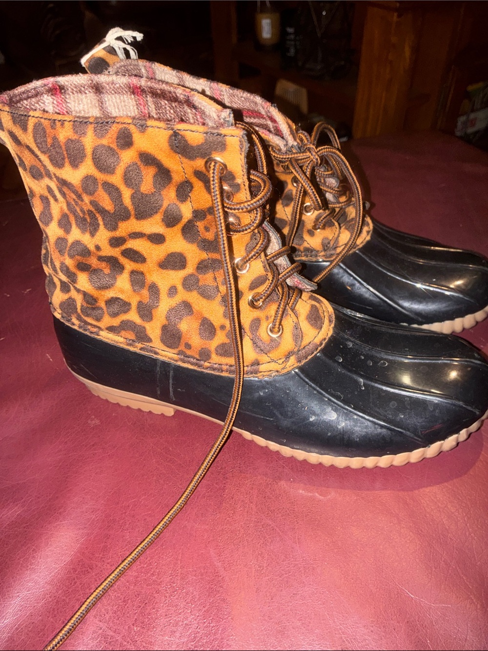 Leopard Print Lace-Up Winter Duck Boots - Black & Brown